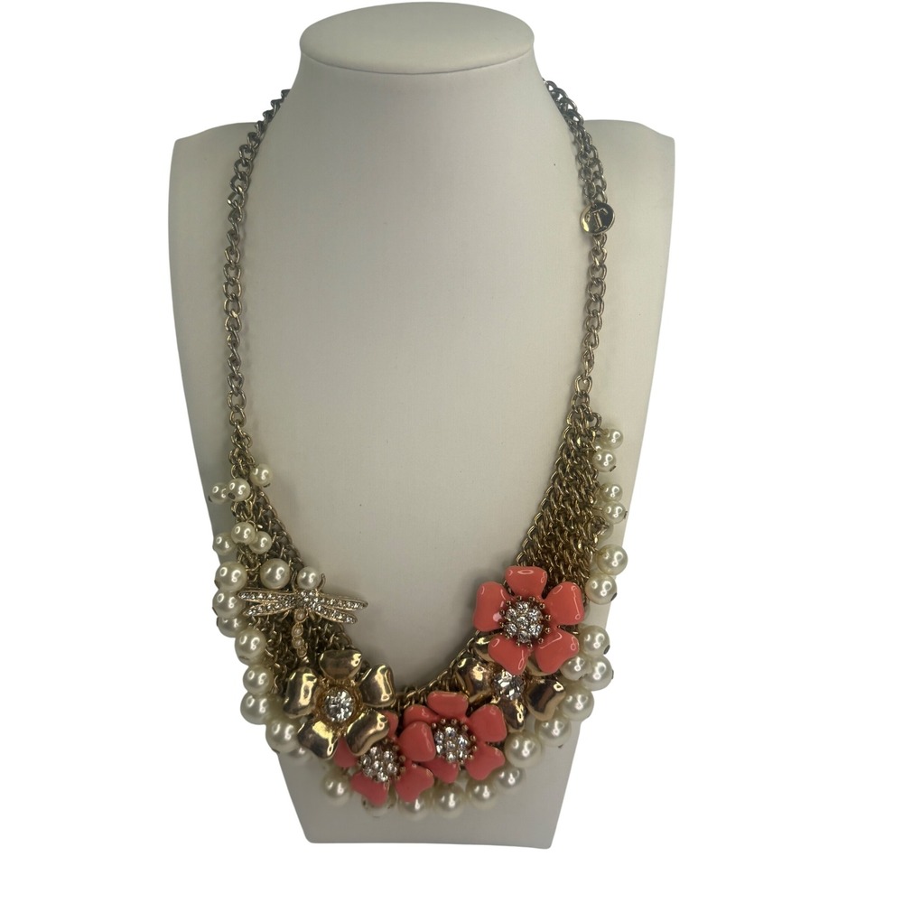 Talbots Gold Tone Coral Enamel Flower Pearl Dragonfly Statement Bib Necklace Y2K